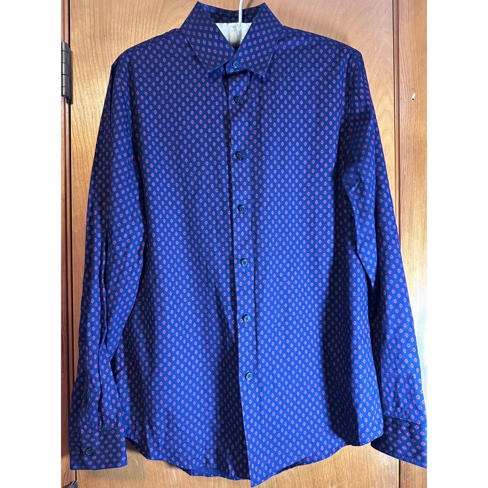 Express‎ Mens Blue Geometric Pattern Button Down Long Sleeved Shirt Size S